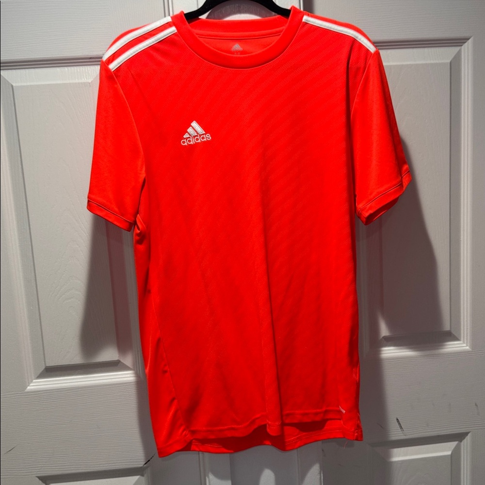 Adidas Bright Red Sports Tee with White Stripes